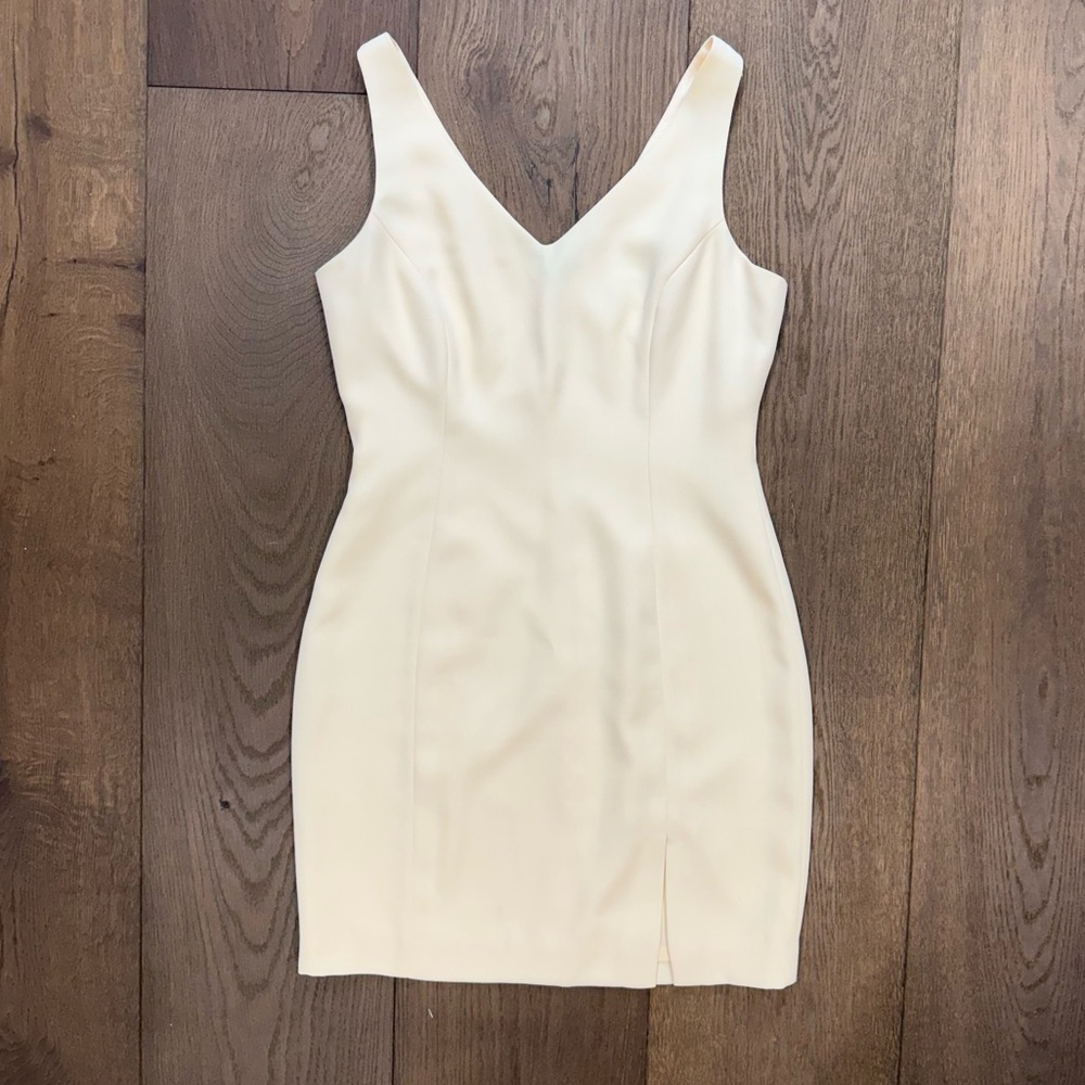 90’s Hugo Buscati Buttery Yellow V-Neck Sheath Mini Dress with Slit